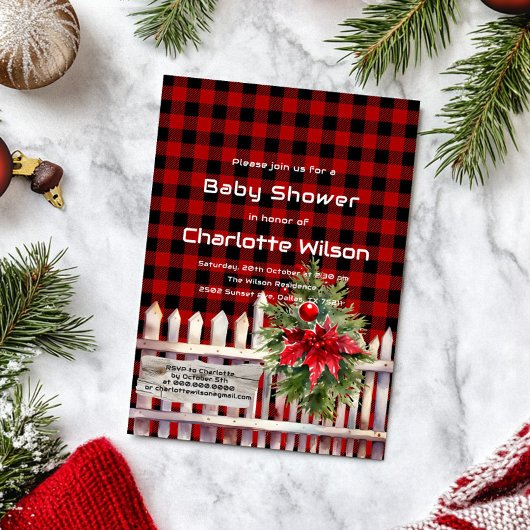 Christmas Fence Buffalo Plaid Baby Shower Kaart
