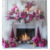 Christmas Fireplace Candles Elegant Pink White   Douchegordijn (Voorkant)