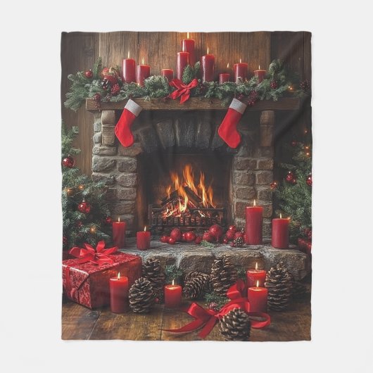 Christmas Fireplace Pinecones Red Candles   Fleece Deken (Voorkant)