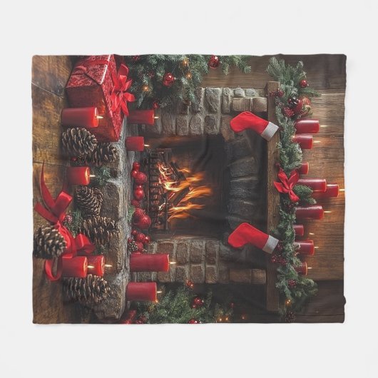 Christmas Fireplace Pinecones Red Candles Fleece Deken (Voorkant (Horizontaal))