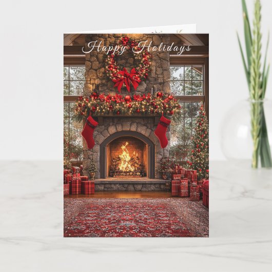 Christmas Fireplace Red Stockings Lights Kaart (Voorkant)