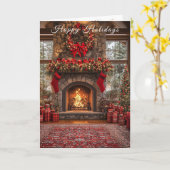Christmas Fireplace Red Stockings Lights Kaart (Gele Bloem)