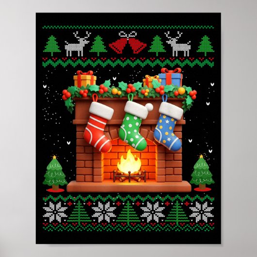 Christmas Fireplace Stockings Funny Ugly Christmas Poster (Voorkant)