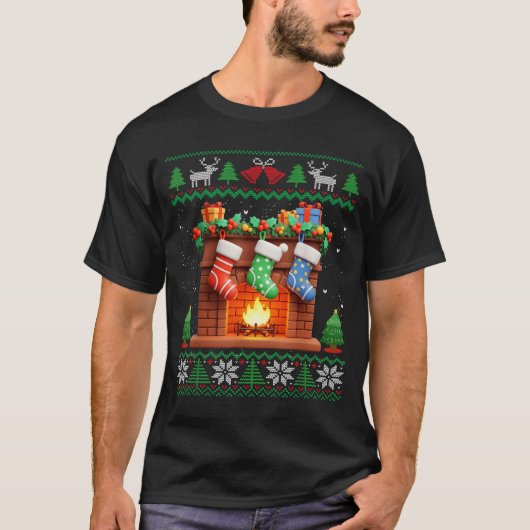 Christmas Fireplace Stockings Funny Ugly Christmas T-shirt (Voorkant)