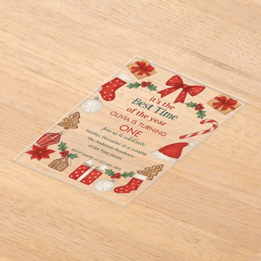 Christmas First Birthday Invitation | Festive Acryl Uitnodigingen (Laagn)