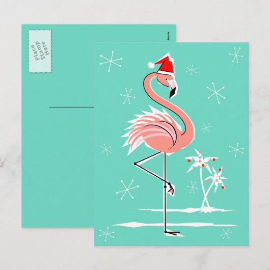 Christmas Flamingo briefkaart aqua terug (Voorkant / Achterkant)