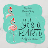 Christmas Flamingo 'Party' uitnodigingsbeugel Kaart (Voorkant / Achterkant)