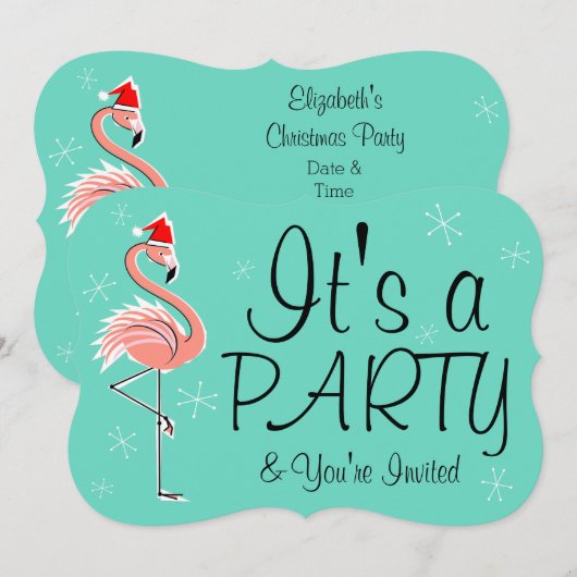 Christmas Flamingo 'Party' uitnodigingsbeugel Kaart (Voorkant / Achterkant)