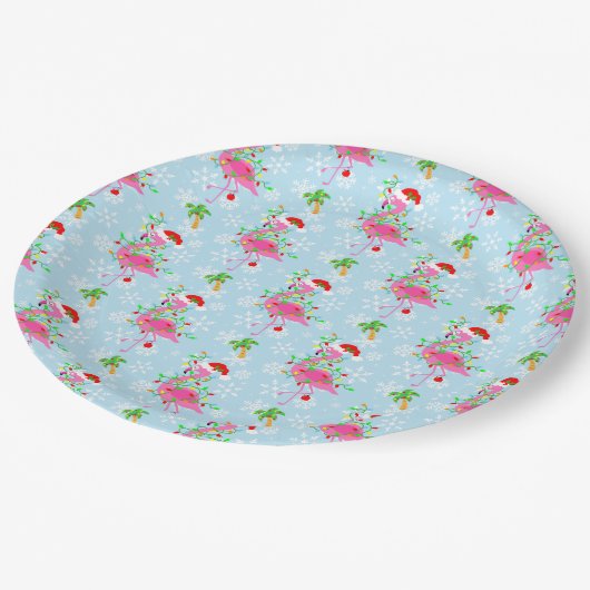 Christmas Flamingo Pattern Blue Papieren Bordje (Gekanteld)