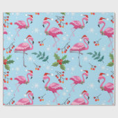 Christmas flamingos and holly on blue pattern cadeaupapier (Vlak)
