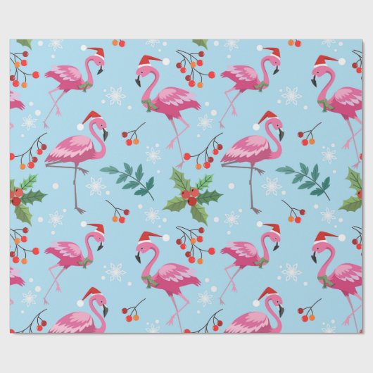 Christmas flamingos and holly on blue pattern cadeaupapier (Vlak)