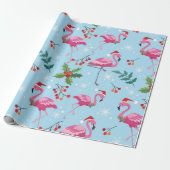 Christmas flamingos and holly on blue pattern cadeaupapier (Uitgerold)