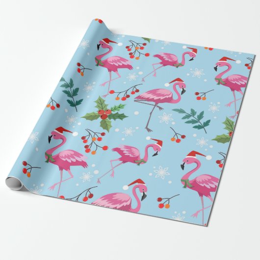 Christmas flamingos and holly on blue pattern cadeaupapier (Uitgerold)