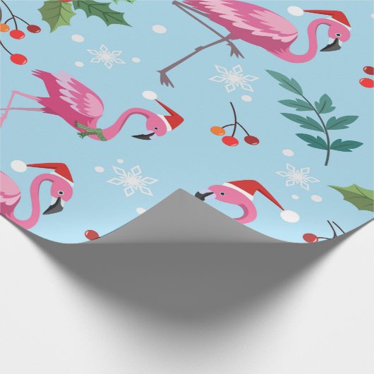 Christmas flamingos and holly on blue pattern cadeaupapier (Hoek)