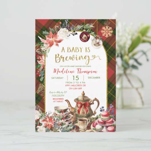 Christmas Floral Baby Brew Tea Party Baby Shower Kaart (Staand voorkant)
