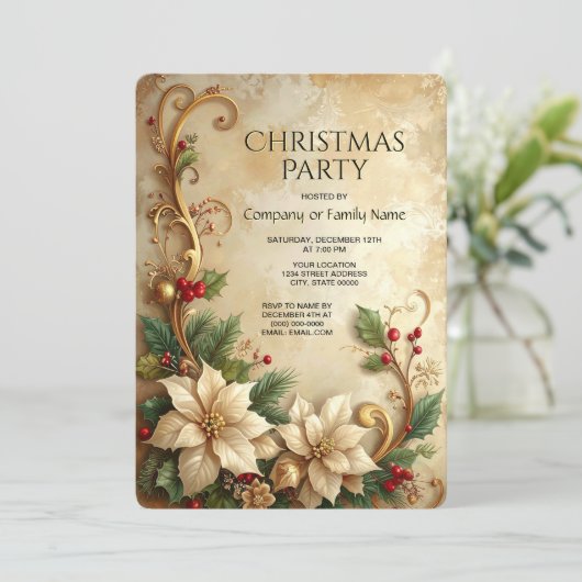 Christmas Floral Holiday Party Invitation Kaart (Staand voorkant)