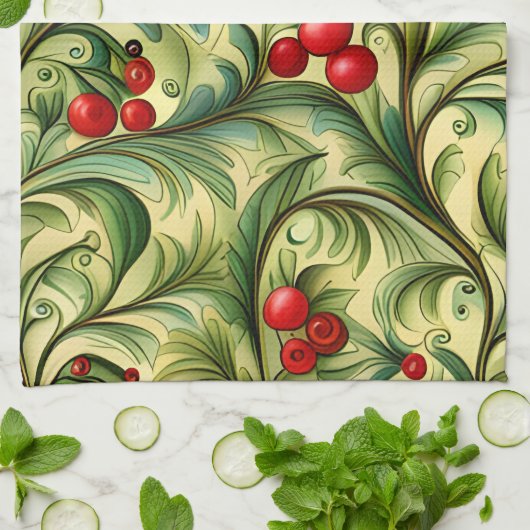 Christmas Floral Pattern With Red Berries Theedoek (Gevouwen)