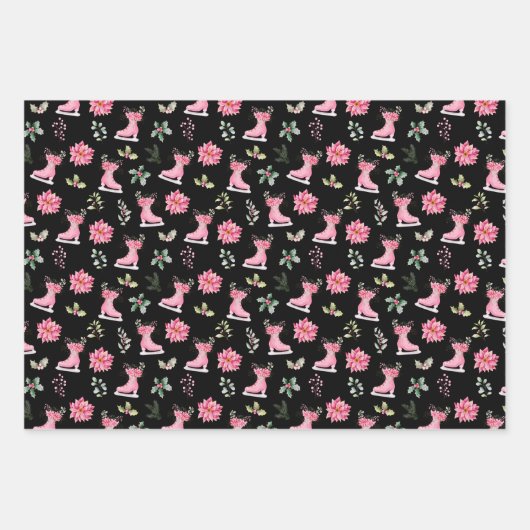 Christmas Floral Pink Ice Skates Inpakpapier Vel (Voorkant 3)