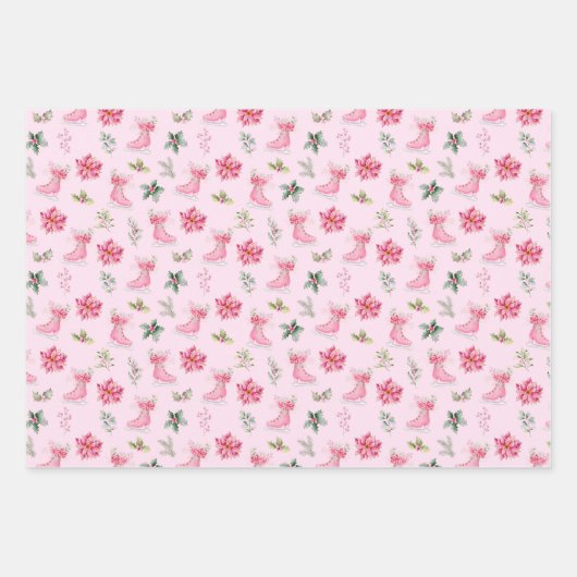 Christmas Floral Pink Ice Skates Inpakpapier Vel (Voorkant 2)