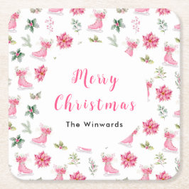 Christmas Floral Pink Ice Skates Merry Christmas Kartonnen Onderzetters