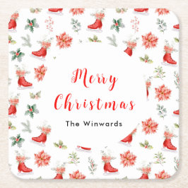 Christmas Floral Red Ice Skates Merry Christmas Kartonnen Onderzetters