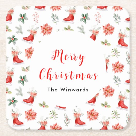 Christmas Floral Red Ice Skates Merry Christmas Kartonnen Onderzetters (Voorkant)