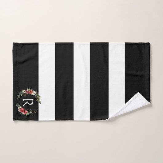 Christmas floral wreath stripes monogram bad handdoek (Handdoek)