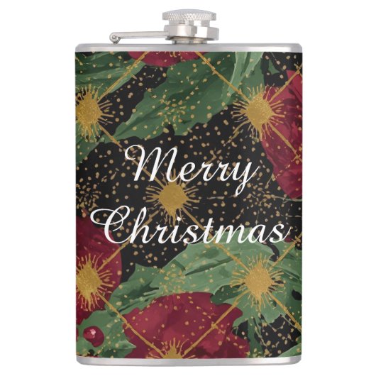 Christmas Flowers Pattern,Gold Red Green Black  Heupfles (Voorkant)