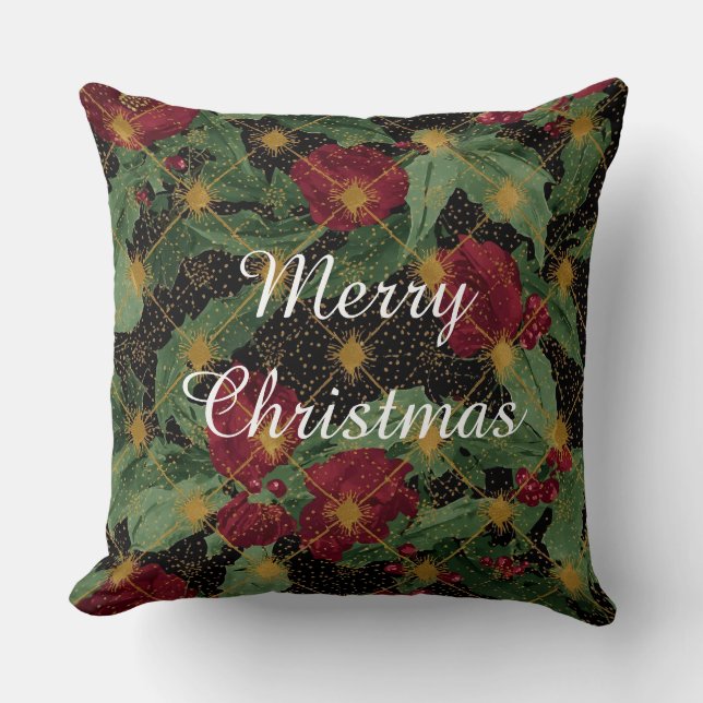 Christmas Flowers Pattern,Gold Red Green Black Kussen (Voorkant)