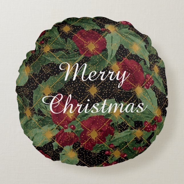 Christmas Flowers Pattern,Gold Red Green Black Rond Kussen (Voorkant)