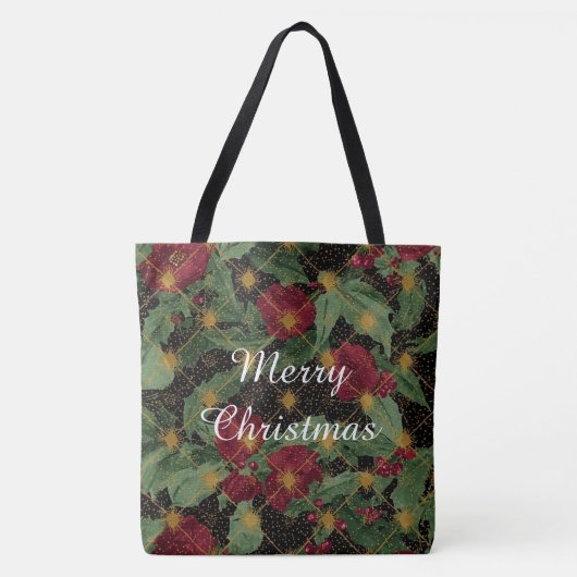 Christmas Flowers Pattern,Gold Red Green Black Tote Bag (Voorkant)
