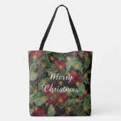 Christmas Flowers Pattern,Gold Red Green Black Tote Bag (Achterkant)