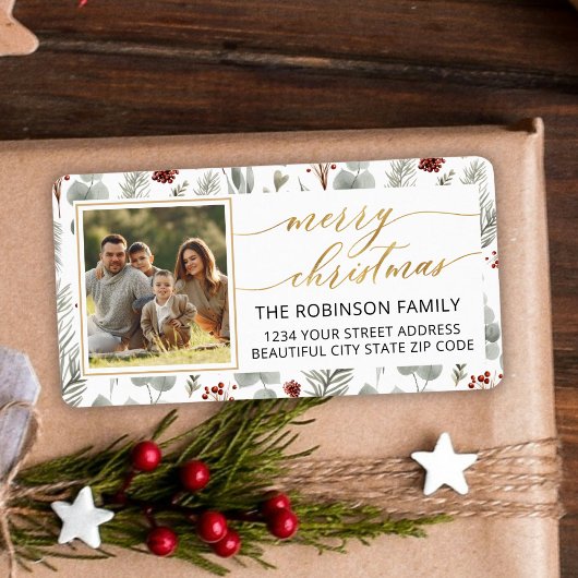 Christmas Foliage Gold Script Foto Retouradres Etiket