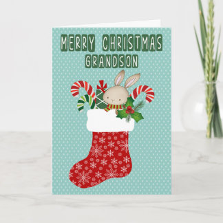 Christmas for Grandson Stocking with Bunny Kaart