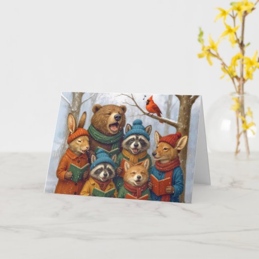 Christmas Forest Animals Caroling In Winter Woods Kaart (Gele Bloem)