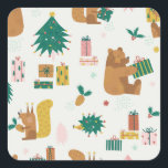 Christmas Forest Dieren:  vibe Vierkante Sticker<br><div class="desc">Kerstboom beer eekhoorn egel decor objecten naadloos patroon. Xmas party vibes schattige bosdieren achtergrond. Seizoensgebonden winterse feestdagen kinderachtig printontwerp. Charmant naadloos patroon met kerstboom, beren, eekhoorns en egels. Kerstmis bos dieren patroon. Whimsical winter wonderland! kerst, illustratie, patroon, achtergrond, decor, baby, winter, partij, bos, cadeau, kind, doos, naadloos, kind, schattig, doodle,...</div>