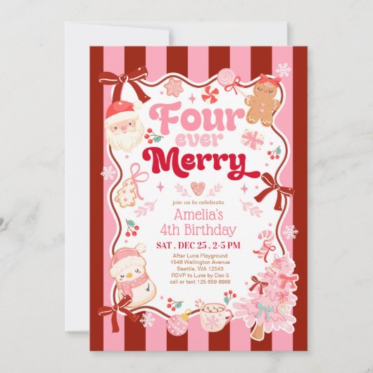 Christmas Four Ever Merry 4th Birthday Invitation Kaart (Voorkant)