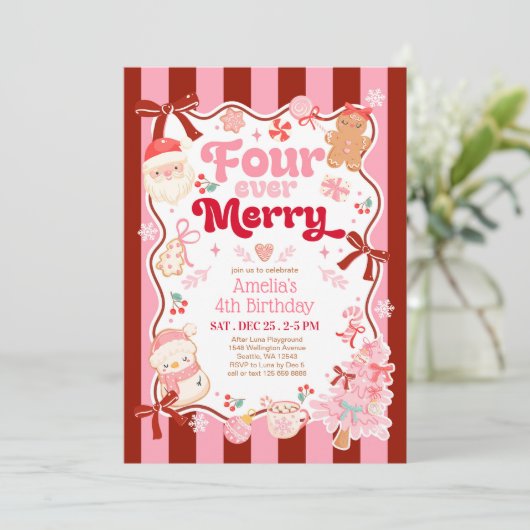 Christmas Four Ever Merry 4th Birthday Invitation Kaart (Staand voorkant)