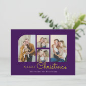 Christmas four photo purple gold christmas  feestdagenkaart (Staand voorkant)
