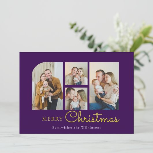 Christmas four photo purple gold christmas  feestdagenkaart (Staand voorkant)