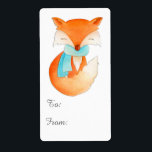 Christmas fox cub cadeau label (van en naar)<br><div class="desc">Schattigee geïllustreerde kerstcadeaubonnen met een ingepakte vossenwelp met een warme wintersjaal en gekrulde staart in de sneeuw. Waterverf schilderij en ontwerp door Sarah Trett.</div>