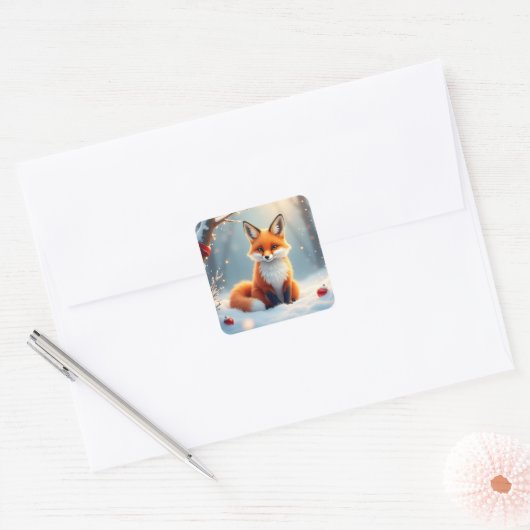 Christmas Fox in Snow Vierkante Sticker (Envelop)