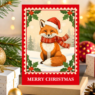 Christmas Fox Retro Postzegel Feestdagen Kaart