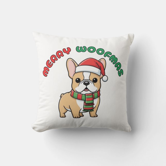 Christmas French Bulldog Pillow: Merry Woofmas Kussen (Voorkant)
