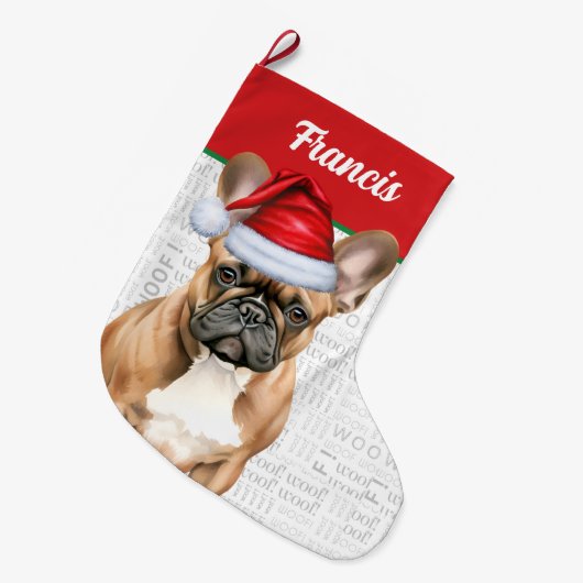 Christmas French Bulldog with Name Woof Background Grote Kerstsok (Voorkant (Hangend))