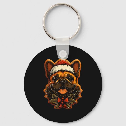 Christmas French Bulldog With Santa Hat Gingerbrea Sleutelhanger (Voorkant)
