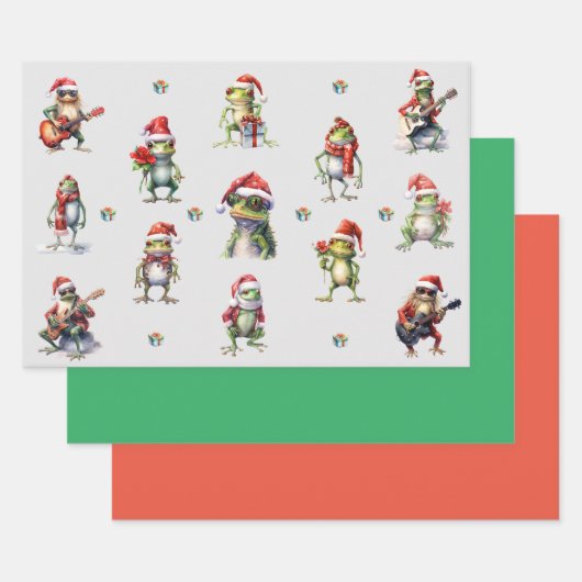 Christmas Frog Rock Band en Solids Green & Red Inpakpapier Vel (Set)
