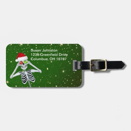 Christmas Fun Skelet Pet Ornamenten Groen Goud Bagagelabel (Voorkant horizontaal)