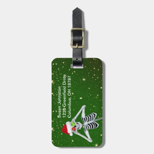 Christmas Fun Skelet Pet Ornamenten Groen Goud Bagagelabel (Voorkant verticaal)