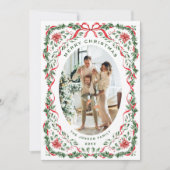 Christmas Funky Whimsical Red Bow Wreath 2 Photo Feestdagenkaart (Voorkant)